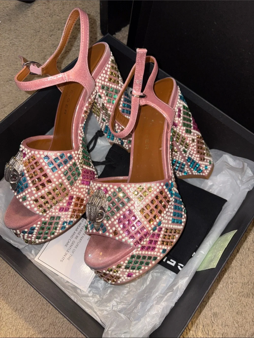 Kurt Geiger Pink Multicolor Crystal Embellished Platform Sandals